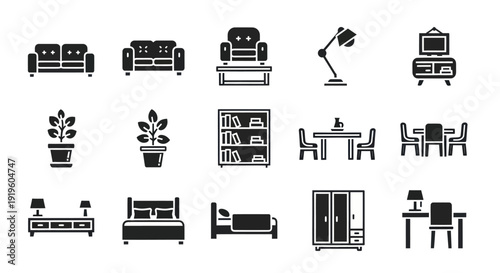 Vector Icons of Furniture and Home Decor, Interior Design Elements Set