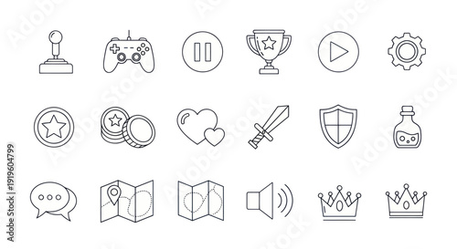 Video Game Icons Collection: Joystick, Controller, Trophy, Play, Gear, Coin, Heart, Sword, Shield
