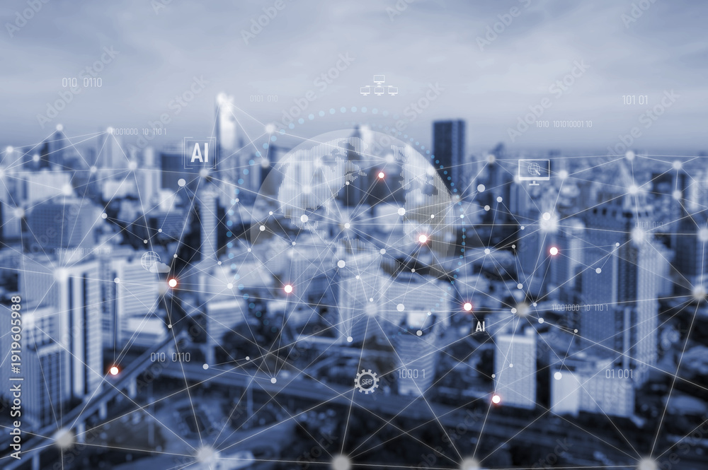 Naklejka premium Global AI network showing connection between AI, global, and network elements across the digital world and data infrastructure Vouch