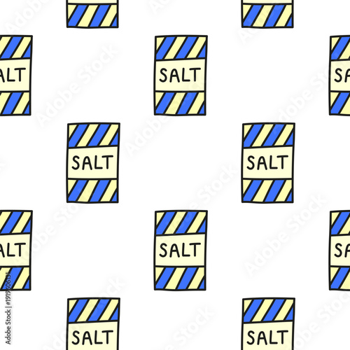 Cute seamless pattern with doodle salt in box packages on white background.