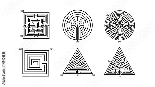 Collection of Diverse Geometric Mazes: Square, Circle, Triangle - Challenge and Logic
