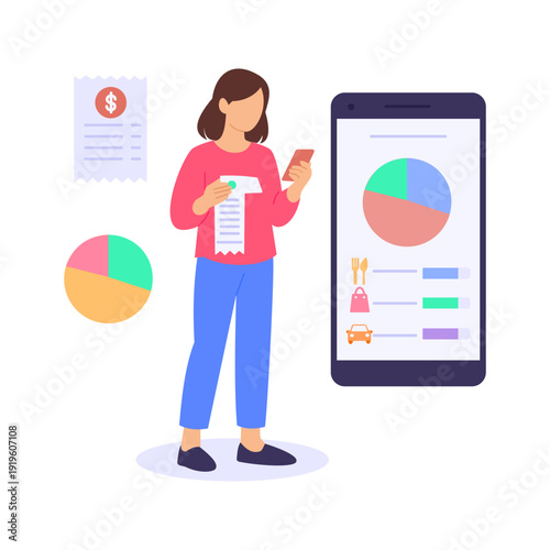 Expense Tracking, monitoring spending across categories, Flat vector character illustration