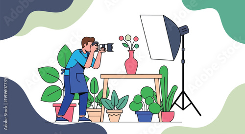 Illustration of a man photographing plants with a softbox light in a studio setting with colorful abstract background.