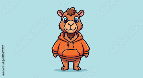 Cartoon llama wearing an orange hoodie standing against a light blue background with a playful mood.