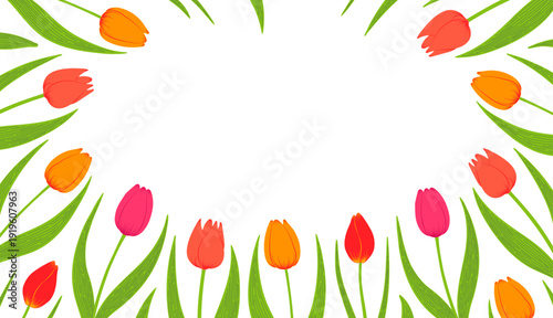 Tulip flowers frame, border on transparent background. Spring blossoms, bright blooms, decorative florals. Hand drawn flat vector illustration. Womens Day, Mothers Day, Easter celebration, design