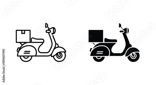 Two black line icons of scooters with delivery boxes on the back against a white background.