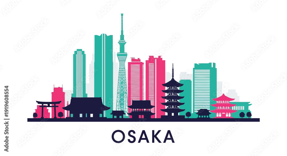 Obraz premium Graphic illustration of Osaka city skyline with colorful buildings and temples on a white background.