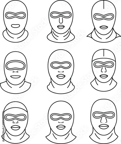 "Collection of nine stylized balaclava face illustrations highlighting subtle anatomical differences in eyes, nose, and mouth features for forensic, identity, and comparative design purposes"