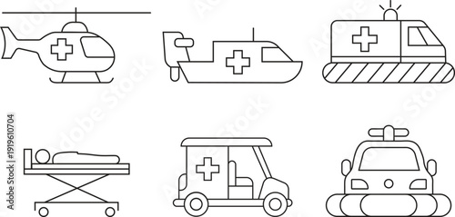 Emergency medical vehicle collection with ambulance helicopter boat and stretcher