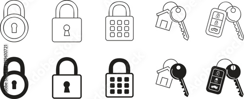Security lock and key icon set with padlock house key and car remote fob