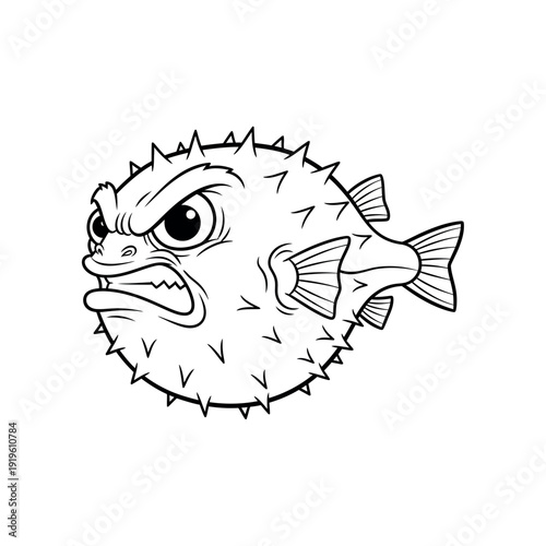 Puffed up pufferfish with spiky body and angry expression illustration