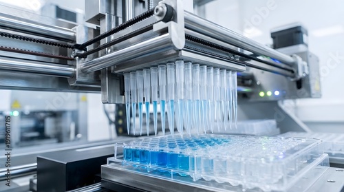 Automated laboratory equipment precisely dispensing blue liquid into microtiter plate