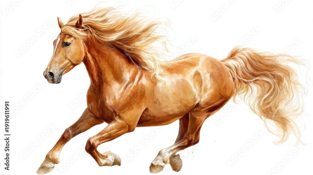 Obraz premium A beautiful golden horse with a flowing mane runs energetically across an open field, illuminated by the warm glow of the setting sun. The tranquil background enhances this dynamic moment.