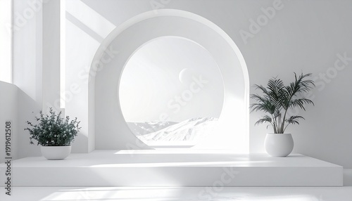 Wallpaper Mural Minimalist White Interior with Plants and Archway for Product Display. Torontodigital.ca