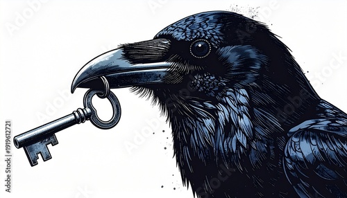 Wallpaper Mural Raven with Key - A Symbol of Mystery and Unlocking Secrets. Torontodigital.ca