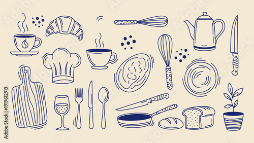 Hand-drawn Kitchen Utensils and Food Items Collection.