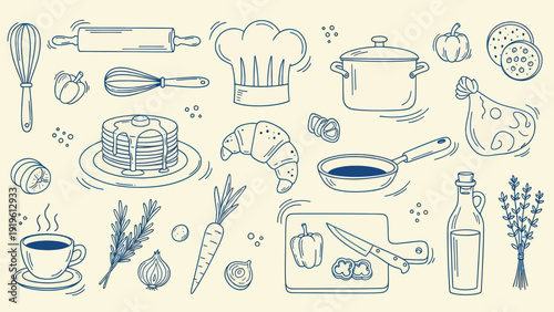 Hand-drawn kitchen utensils and food items for cooking and baking.