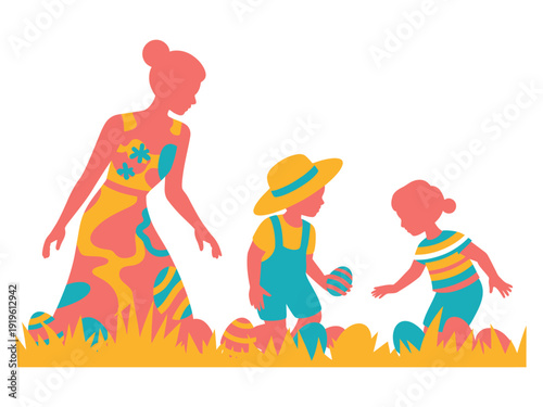 Stylized silhouettes of a mother kneeling with two children searching for decorated eggs in grassy outdoor setting.