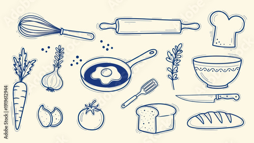 Hand-drawn kitchen utensils and fresh ingredients for cooking.