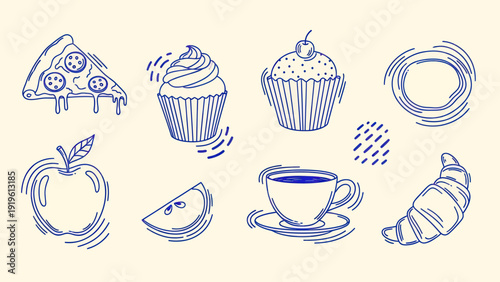 Hand-drawn sketch of various food items and drinks.