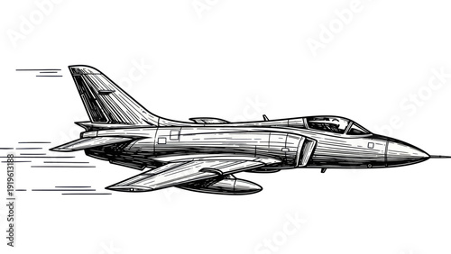 Hand-drawn sketch of a powerful military jet aircraft in flight.