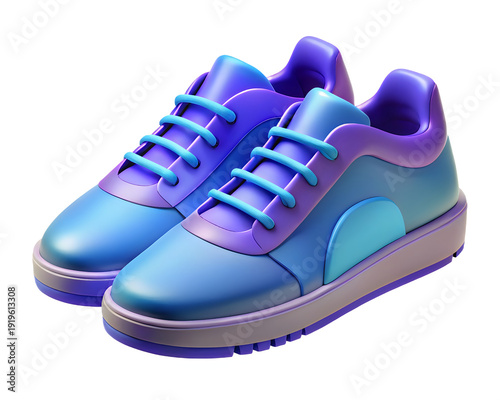 A pair of blue sneakers with purple and teal accents