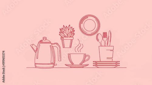 Kitchen Utensils and Hot Beverage Setup with Kettle and Plant.