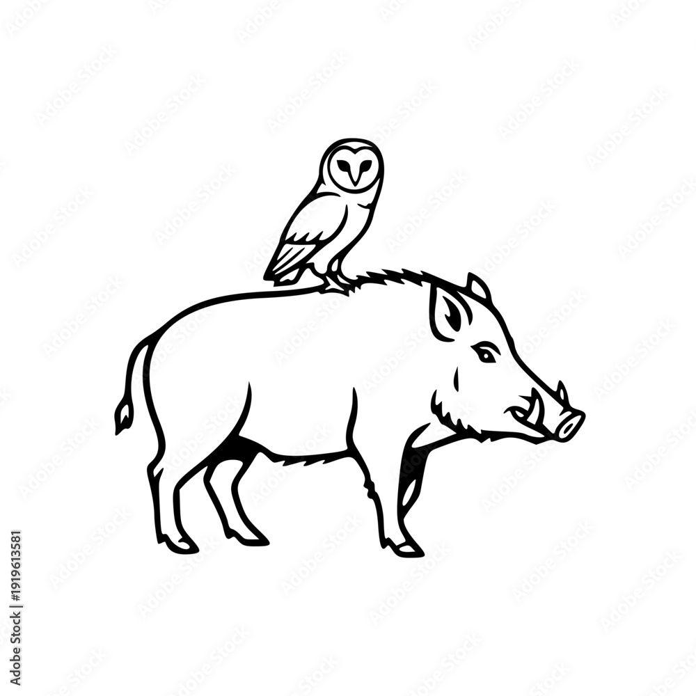 Obraz premium Wild Boar with Owl Perched on Back Minimal Line Art Illustration