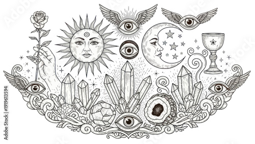 Mystical Esoteric Elements Hand Drawn Illustration with Sun Moon Crystals and All Seeing Eyes.