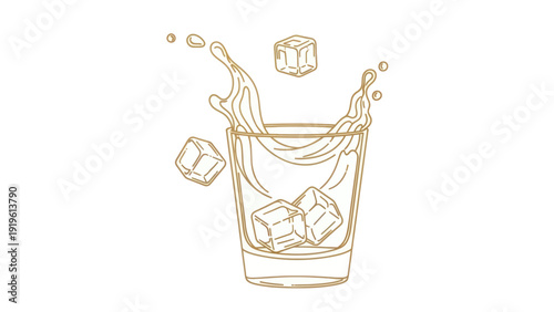 Refreshing drink with ice cubes splashing in a glass line art illustration.