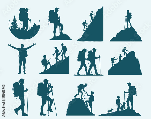 Hikers and climbers in various poses on mountains and trails