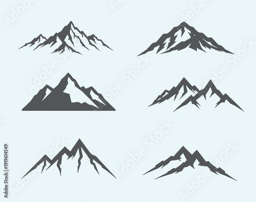 Six different mountain silhouette icons in dark gray on light background