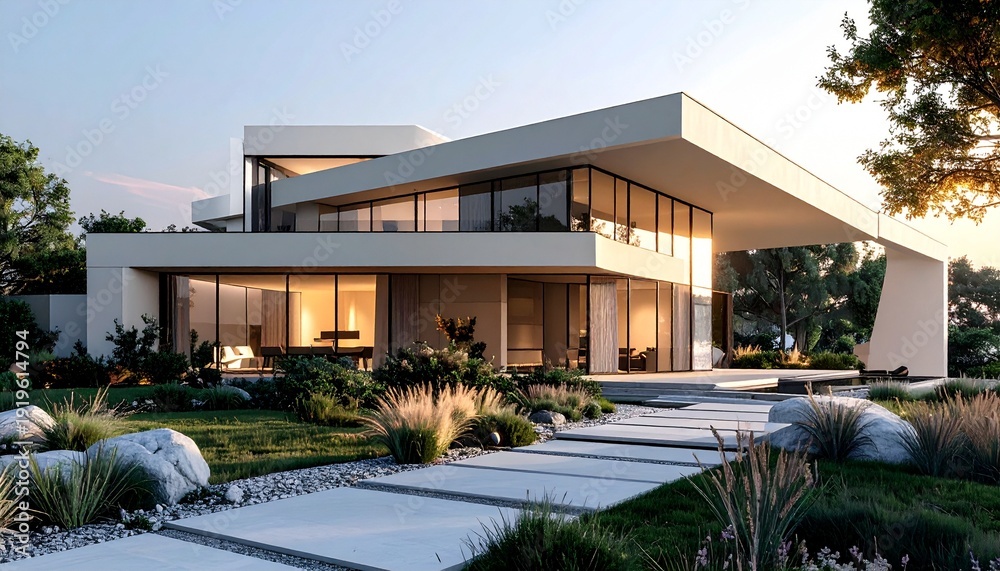 Fototapeta premium Modern architectural marvel - A luxurious home with expansive glass windows.