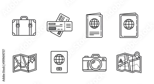 Travel and tourism icon set in minimalist black line art style. Vector illustration of suitcase, boarding pass, passport, camera, and navigation map isolated on white background. Travel essentials for