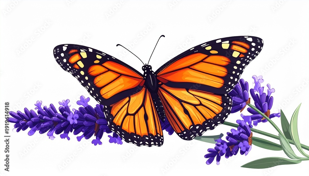 Obraz premium Monarch Butterfly on Lavender Flowers - A Vibrant Nature Illustration.