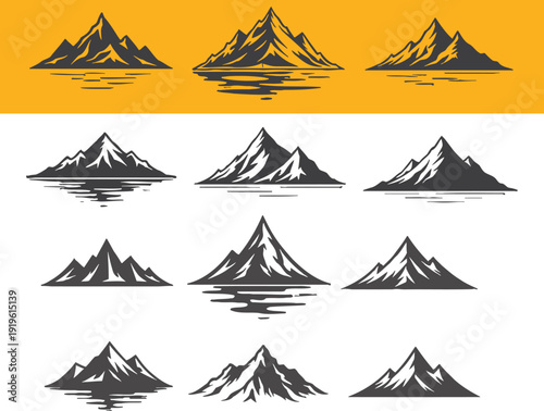 Mountain range silhouette icons set with water reflections