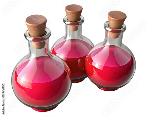Three glass bottles filled with red liquid on a white background