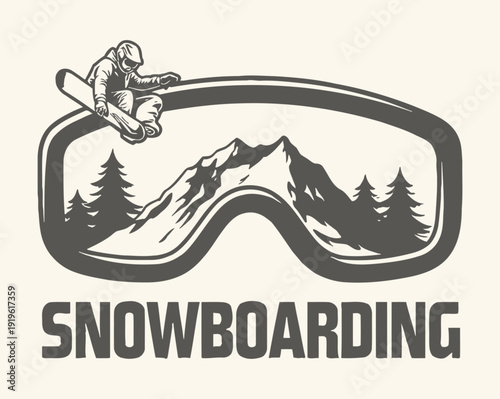 Snowboarder in goggles with mountain landscape
