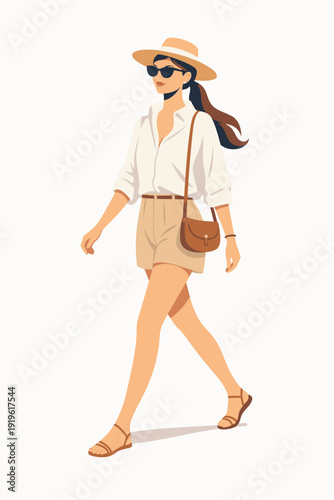 Color vector of a stylish young woman walking at a summer resort modern editorial fashion lifestyle illustration