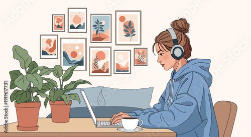 Young Gen Z woman working remotely on laptop in cozy bedroom workspace with headphones and coffee. Digital nomad productivity, freelance career and modern lifestyle vector illustration