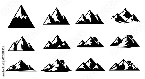 Collection of stylized mountain range silhouettes for outdoor adventure and nature themes.