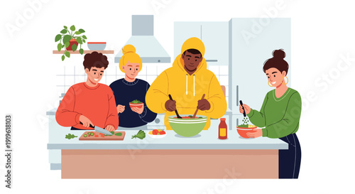 Gen Z friends cooking healthy meal together in modern apartment kitchen. Social lifestyle, healthy eating and youth home activity vector illustration
