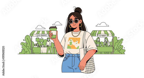 Gen Z woman holding reusable cup and tote bag at eco market. Sustainable lifestyle, zero waste culture and conscious consumer trend vector illustration
