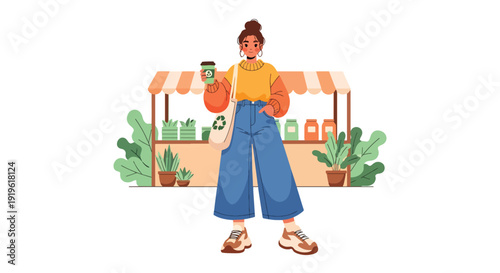 Gen Z woman holding reusable cup and tote bag at eco market. Sustainable lifestyle, zero waste culture and conscious consumer trend vector illustration