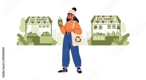 Gen Z woman holding reusable cup and tote bag at eco market. Sustainable lifestyle, zero waste culture and conscious consumer trend vector illustration