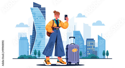 Gen Z traveler taking photos in modern city with suitcase and smartphone. Travel lifestyle, tourism adventure and youth exploration vector illustration