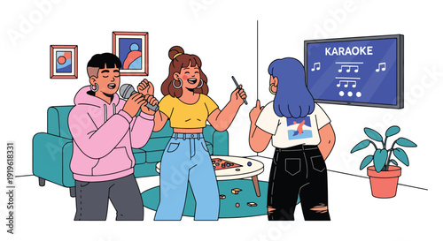 Gen Z friends singing karaoke together at home with microphone and screen. Fun entertainment lifestyle and youth friendship celebration vector illustration