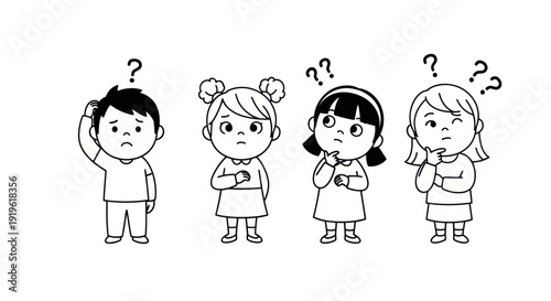 Confused children thinking with question marks above their heads.