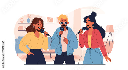Gen Z friends singing karaoke together at home with microphone and screen. Fun entertainment lifestyle and youth friendship celebration vector illustration