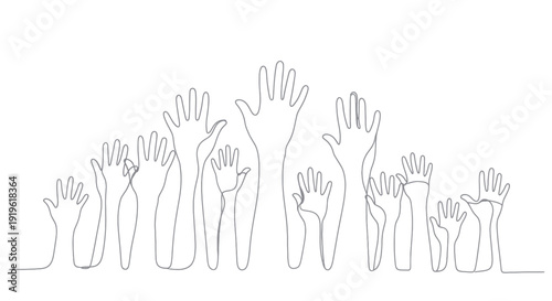 Continuous line art drawing of many hands raised up in a group.